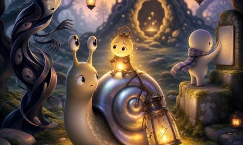 An anthropomorphic snail as the main character with a shiny spiral shell of pearly silver, a gentle face and wide attentive eyes, wearing a small broken lantern on its back and crawling slowly over a mossy stone; a personified living lantern perched on the shell with cracked glass emitting a flickering yellow‑orange glow, a tiny grateful face trembling but regaining strength as its light casts long reflections on the moss; a Weeper in the left background, a slender spectral silhouette of dark ribbons and nested pale faces, tormented and sad, halted before the group and shedding a bright tear; Thimble, a shy faceless creature with a striped scarf, stands to the right on a stone pedestal with hands on an empty plaque that begins to show faint letters, relieved and straightening; the setting is an ancient orchard at dusk with twisted gnarled trees, a carpet of green moss and lichen‑covered stones, hanging small lanterns and a dark opening to a luminous hollowed stump (Hollow of Echoes), misty atmosphere with strong contrasts of shadow and warm light; the main situation: the snail and lantern regain strength by sharing stories, the light grows and surrounding shadows soften, composition centered on the shell‑lantern with dramatic backlighting and textured details (moss, cracked glass, Weeper’s ribbons).