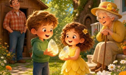 A joyful 6-year-old boy, Leo, with a round face and tousled light brown hair, holds one translucent half of a shimmering egg, while a delighted 5-year-old girl, Mia, with curly brown hair in a yellow dress, stands beside him holding the other half and smiling at him; nearby sits their softly wrinkled grandmother Nora, about 70, wearing a yellow hat with a small fabric chick and leaning on a cane, smiling, while their father in a plaid shirt stands amused by the wooden shed door; the scene is a bright spring garden with green grass, daisies and orange marigolds, a large oak with a small round door in its trunk to the right, a brown shed to the left, a stone path and a white porch, and warm morning light illuminates golden dust and sparkles drifting from the opened translucent egg, reflecting on faces and flowers, with saturated colors, soft gradients and a composition centered on the children and the glittering egg.