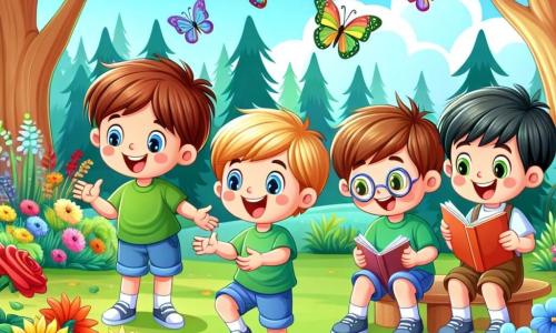 In an enchanted garden, four friends stand together, surrounded by colorful flowers that seem to whisper secrets. Leo, an 8-year-old boy with sparkling blue eyes and messy brown hair, joyfully smiles with open arms as if welcoming the world. Max, a 7-year-old boy, hops like a little bunny with blonde hair and rosy cheeks, wearing a bright green t-shirt. Sam, a 9-year-old boy with round glasses and brown hair, curiously examines a flower, looking thoughtful. Timmy, a 10-year-old boy, sits in a special chair with black hair and a big smile, holding a storybook on his lap. The garden is filled with vibrant flowers—red roses, yellow sunflowers, and delicate violets—swaying gently in the breeze. In the background, majestic trees rise towards the sky, their leaves rustling like whispers. The friends listen attentively to the flowers sharing tales of happiness and friendship, creating a magical and warm atmosphere where every laugh and word resonates like a sweet melody.