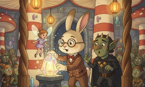 The main character is an anthropomorphic bunny gentleman with cream fur, wearing a brown check vest and round glasses, looking amazed and determined with his paws on a stone pedestal as he touches a large sparkling gem; a tiny fairy with iridescent translucent wings and a light purple outfit floats at shoulder height beside him, joyfully sprinkling magical dust; the goblin king, a tall but nonthreatening figure with dark green skin, a black cloak and a necklace of small golden mushrooms, wears a softened surprised expression and steps back near the pedestal; the setting is a grand castle hall formed of giant mushrooms with red-and-white striped caps, stone walls studded with multicolored crystals, hanging pumpkin lanterns, green moss carpets and twisted wooden columns; the bunny activates the Crystal of Clarity on the pedestal, warm multicolored light floods the room and goblins and creatures gather in the background in a magical urban-fairy atmosphere.
