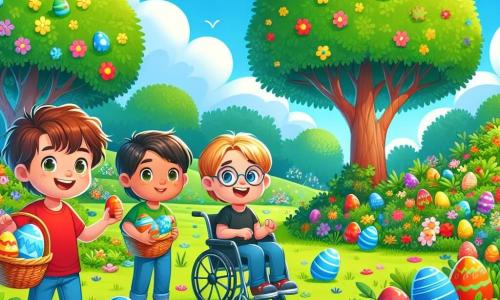 In einem sonnigen Park sind drei Freunde versammelt, um Ostereier zu suchen. Max, ein 8-jähriger Junge mit zerzausten braunen Haaren und einem roten T-Shirt, hält ein großes, buntes Ei in seinen Händen und lächelt begeistert. Neben ihm steht Leo, ein 7-jähriger Junge mit blonden Haaren und runden Brillen, der neugierig auf ein hinter einem Baum verstecktes Ei zeigt. Schließlich sitzt Ben, ein 9-jähriger Junge mit kastanienbraunen Haaren und einem warmen Lächeln, in seinem Rollstuhl, umgeben von bunten Blumen, und hält einen Korb voller bunter Eier.

Der Park ist grün, mit majestätischen Bäumen, leuchtenden Blumen und einem klaren blauen Himmel, der mit flauschigen weißen Wolken gesprenkelt ist. Glänzende Ostereier, bemalt in Gelb, Blau, Rot und Grün, sind im Gras und hinter den Büschen versteckt.

Die drei Freunde haben Spaß beim Suchen der Eier, lachen und ermutigen sich gegenseitig, was eine fröhliche und festliche Atmosphäre voller Kameradschaft und Entdeckungen schafft.