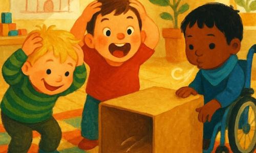Drie kinderen: Mats, jongen 3 jaar, warrig blond haar, rond gezicht en ondeugende glimlach, groen gestreept truitje, links gebogen als een pinguïn met handen op het hoofd; Bo, jongen 3 jaar, kort bruin haar, blozende wangen, rood T‑shirt, midden met handen op het hoofd en open mond klaar het koekje te vangen; Kian, jongen 3 jaar, stijl zwart haar, in een blauw gekleurde rolstoel, blauwe sjaal, rechts met hand op een grote kartonnen doos als tunnel, geconcentreerd blazend om het koekje te laten schuiven. Speelkamer: zonnig, groot geometrisch vloerkleed, tafel met gekleurde blokken, teken van een kasteel aan de muur, plant bij het raam en stapel zachte sjaaltjes; warme lichtinval en zachte schaduwen. Situatie: ze doen de “koekje zonder handen”-uitdaging: een lichtbruin koekje schuift door de kartonnen tunnel, halverwege zichtbaar met kleine bewegingslijntjes, lichte witte ademwolkjes; vrolijke, geconcentreerde sfeer, levendige kleuren en dikke gouachetexturen.