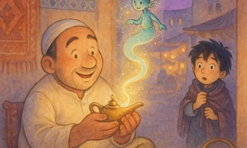 Sami, erwachsener Mann mit rundem Gesicht und sanften Augen, lächelt erstaunt und hält zitternd eine kleine Messinglampe auf einem bestickten Kissen; ein etwa achtjähriger Junge mit schwarz zerzaustem Haar beobachtet die Szene im Türrahmen, die Hände an seinem Schal, überrascht; Nuri, der winzige Dschinn in dampfiger türkis‑goldener Gestalt mit schiefem Hut, wirbelt leuchtend aus der Lampe über Sami; Schauplatz eine orientalische Innenhofszene bei Dämmerung mit ockergelben Wänden und blauen Mosaiken, warme Lampenleuchten und goldene Funken um den Dschinn schaffen eine Atmosphäre von Staunen und Ruhe.