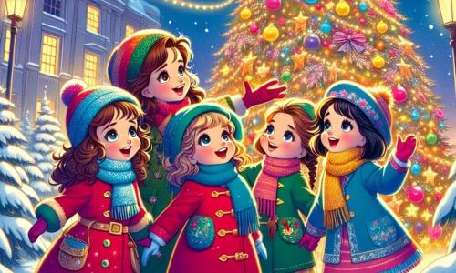 Cuatro niñas, Sofía (8 años, cabello castaño y rizado, con un abrigo rojo), Ana (7 años, cabello rubio y liso, con un gorro azul), Lucía (6 años, cabello castaño y trenzado, vestida con una bufanda verde) y Carla (9 años, cabello negro y corto, con un suéter amarillo), están juntas al pie de un enorme árbol de Navidad iluminado, con sus rostros radiantes de asombro. El árbol está decorado con guirnaldas brillantes, bolas de colores y estrellas doradas, rodeado de una capa de nieve recién caída que brilla bajo las luces. En el fondo, casas con techos nevados y copos de nieve caen suavemente del cielo estrellado. Las niñas, un poco perdidas pero felices, descubren un pequeño duende sonriente que las ayuda a encontrar a sus mamás. La atmósfera es mágica, llena de alegría y espíritu navideño.