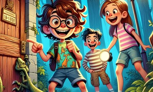 Un chico de 12 años, Lucas, con cabello rizado castaño y gafas redondas, muestra una gran sonrisa de emoción. Lleva una camiseta colorida con motivos de dinosaurios y un pantalón corto de mezclilla. Lucas está señalando una vieja puerta de madera, llena de misterio, con una mirada maravillada. A su lado, su mejor amiga Martina, una chica de 11 años con cabello largo y liso recogido en una coleta alta, ríe mientras sostiene una linterna. Ella lleva una camiseta sin mangas rosa y un pantalón corto con flores, inclinándose ligeramente hacia adelante, intrigada por el descubrimiento. Detrás de ellos, Tomás, un chico de 12 años, alto y delgado, con una sonrisa traviesa, está haciendo una mueca cómica, añadiendo un toque de humor a la escena. Lleva una camiseta a rayas y un pantalón cargo. La escena tiene lugar en un parque misterioso, al caer la noche, donde las luces de las farolas brillan como estrellas. Árboles majestuosos rodean el antiguo pabellón cubierto de hiedra, creando una atmósfera mágica e intrigante. La situación principal muestra a Lucas y sus amigos descubriendo una puerta misteriosa en un viejo pabellón, listos para vivir una emocionante aventura, llena de risas y sorpresas.
