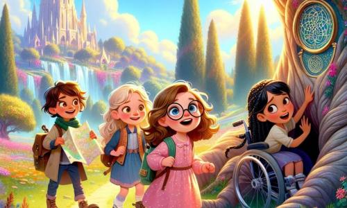 Într-un parc însorit, patru mici aventuriere se pregătesc să exploreze o lume magică. Alice, o fetiță de 8 ani cu părul brun și ochelari rotunzi, zâmbește ținând o hartă colorată în mâini. Mira, o fetiță de 7 ani cu părul blond și creț, sare de bucurie în rochia ei roz cu buline albe. Iulia, o fetiță de 6 ani cu părul negru și o împletitură, este ghemuită în spatele unui copac mare, ascunsă dar zâmbind. Sora, o fetiță de 9 ani în scaun cu rotile, se află în centru, privind curios spre un copac bătrân. Parcul este plin de flori colorate și copaci măreți, iar la orizont, un drum șerpuit duce spre o poartă misterioasă strălucitoare. Cele patru prietene descoperă o piatră magică care le transportă într-un regat fermecat, unde trebuie să găsească flori magice pentru a se întoarce acasă.