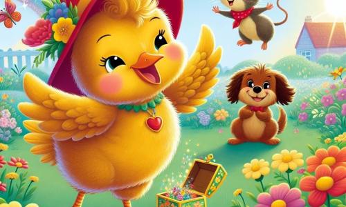 Eine fröhliche Henne namens Henrietta mit glänzendem goldenen Gefieder und einem bunten kleinen Hut tanzt begeistert inmitten eines blühenden Gartens, ihr Gesicht strahlt vor Glück. Neben ihr beobachtet eine schlaue kleine Maus namens Max mit großen funkelnden Augen und einem roten Schal neugierig, während ein lustiger Hund namens Hugo mit braunem Fell und großen hängenden Ohren fröhlich im Hintergrund springt. Der Garten ist mit leuchtenden Blumen in allen Farben gefüllt, Schmetterlinge fliegen um sie herum, und sanftes Sonnenlicht erhellt die Szene. Henrietta hat gerade eine geheimnisvolle Box entdeckt, die sich geöffnet hat und schimmernde Regenbögen freisetzt, wodurch eine magische und fröhliche Atmosphäre entsteht.