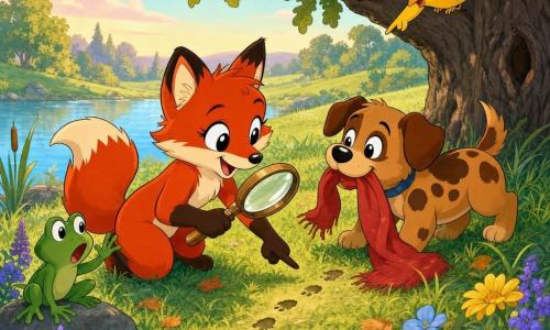 La protagonista è una piccola volpe rossa di nome Lila, occhi grandi e brillanti, curiosa e gioiosa: con una lente di legno ispeziona delle piccole impronte nell'erba mentre indica una sciarpetta rossa che un cagnolino bruno maculato, un po' birichino e colpevole, le restituisce scodinzolando; una rana verde saltellante su una pietra al lago osserva alzando una zampa e un pulcino giallo su un basso ramo di quercia cinguetta indicando le impronte; lo sfondo è una dolce prateria sul bordo di un lago calmo con erba alta, fiori colorati (viola, blu, gialli), qualche foglia caduta, una grande quercia a destra e un cielo mattutino pastello, il tutto in toni vividi e contorni morbidi a evocare un piccolo momento d'indagine.