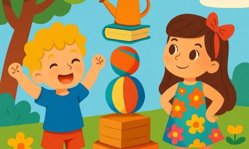 Ci sono 2 personaggi principali: Marco, un ragazzo di 7 anni con capelli ricci e dorati, indossa una maglietta blu e pantaloni rossi. Sorride con le braccia alzate vicino alla torre che hanno costruito. Lucia, una ragazza di 6 anni con lunghi capelli castani e un grande fiocco rosso, indossa un vestito a fiori colorati. È accanto a Marco, con le mani sui fianchi, guardando la torre con orgoglio. La scena si svolge in un giardino soleggiato pieno di fiori dai colori vivaci. Marco e Lucia hanno costruito una torre alta e instabile con oggetti vari, mentre il vento la fa oscillare e i due amici ridono e applaudono, orgogliosi della loro impresa.