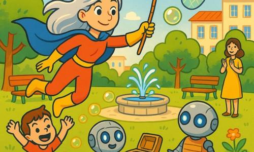 Mulher super-heroína de cabelos longos prateados brilhantes como a lua, capa azul esvoaçante e sorriso suave, segurando uma grande rede colorida para apanhar bolhas luminosas sobre um parque; robô tímido, pequeno, redondo, metal com olhos LED azuis e carcaça em madeira clara, segurando uma caixa aberta junto a uma fonte no centro; menino de 6 anos, cabelo castanho curto, rosto ridente, correndo à esquerda do robô deixando rastros de bolhas douradas com os braços erguidos; mulher adulta ~30 anos de vestido amarelo aplaudindo junto a um banco; parque ensolarado e colorido com relva verde, flores rosas e laranjas, fonte de pedra com salpicos desenhados, árvores arredondadas, bancos de madeira e prédios baixos com persianas azuis; cena centrada, ligeira perspetiva em plongée, atmosfera alegre e segura, super-heroína recupera suavemente bolhas translúcidas com reflexos verdes e dourados, traço nítido e cores vivas em estilo banda desenhada.