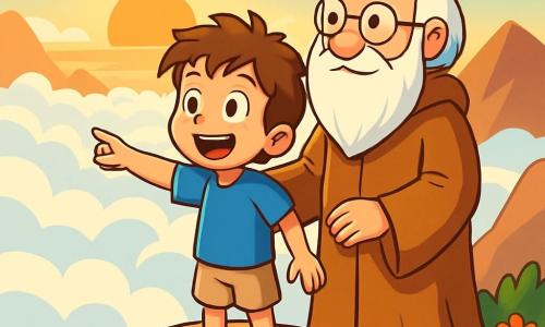 Un niño de 10 años, llamado Mateo, con cabello castaño desordenado y ojos brillantes de curiosidad, se encuentra en la cima de una majestuosa montaña. Lleva una camisa azul y un pantalón corto beige, y su rostro expresa una alegría radiante, mezclada con asombro. A su lado, el Sabio del Valle, un anciano con una larga barba blanca y gafas redondas, sonríe con benevolencia, vestido con una túnica de sabio en colores terrenales. Están en un promontorio que domina un océano de nubes blancas, iluminadas por un sol dorado que se eleva en el horizonte. La escena está llena de flores coloridas y rocas escarpadas, creando un paisaje encantador. Mateo y el Sabio contemplan la belleza del mundo debajo de ellos, simbolizando el descubrimiento y el aprendizaje.