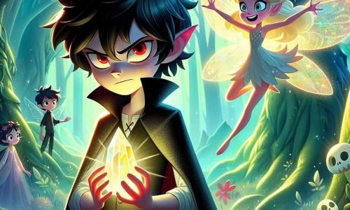 No centro da imagem, Hugo, um jovem vampiro de 12 anos, está com uma expressão de determinação no rosto. Ele tem cabelos negros desgrenhados, olhos vermelhos brilhantes e usa uma capa preta que flutua levemente ao seu redor. Ele segura um cristal luminoso nas mãos, irradiando uma luz suave e acolhedora. Ao seu lado, Lira, uma pequena fada com cabelos dourados e asas cintilantes, voa alegremente. Ela tem cerca de 10 anos, um sorriso radiante no rosto, e aponta para o cristal, como se estivesse encorajando Hugo a usá-lo. Ao fundo, a floresta encantada é retratada com árvores gigantes e folhas brilhantes em tons de esmeralda e safira. Flores luminosas e criaturas mágicas, como duendes e animais fantásticos, adicionam um toque de magia ao ambiente. A cena principal mostra Hugo e Lira se preparando para enfrentar uma ameaça sombria, com sombras ameaçadoras se perfilando atrás das árvores, criando um contraste entre a luz do cristal e a escuridão ao seu redor.