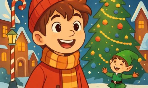 A 12-year-old boy, Oliver, with messy brown hair and sparkling curious eyes, stands in the center of a magical Christmas town. He wears a bright red coat, a striped wool scarf, and a knitted hat. His face expresses wonder and joy as he looks around with a big smile. Nearby, a 10-year-old boy, dressed in a green elf hat and a velvet tunic, joyfully skates on a frozen pond, laughing and twirling, surrounded by gently falling sparkling snowflakes. The setting is an enchanted town with gingerbread houses topped with snow, candy cane-shaped lampposts, and a large illuminated Christmas tree in the center of the square, decorated with golden garlands and colorful baubles. Stars shine in a starry night sky. The main scene shows Oliver, amazed, discovering this fairy-tale world, while snowflakes dance around him, creating a festive and magical atmosphere.