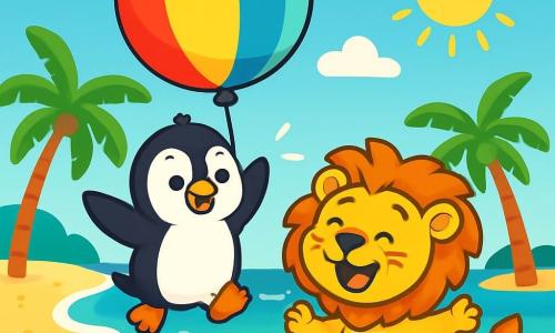 Ein kleiner Pinguin namens Paul, mit einem strahlend schwarz-weißen Gefieder, funkelnden Augen vor Freude und einem breiten Lächeln, schwebt in der Luft, festgehalten von einem riesigen bunten Ballon, seine Flügel aufgeregt ausgebreitet. Neben ihm springt ein lachender Löwe namens Leo, mit einer leuchtend goldenen Mähne und einem fröhlichen Gesicht, vor Freude im Sand, die Pfoten in die Luft, während er Paul bewundernd ansieht. Im Hintergrund eine sonnige Strandlandschaft mit türkisfarbenen Wellen, die sanft ans Ufer schlagen, bunten Muscheln, die sich im goldenen Sand verteilen, und grünen Palmen, die im Wind tanzen. Die Szene zeigt Paul, der fröhlich in der Luft fliegt, während Leo ihn mit Lachen anfeuert und eine spielerische, glückliche Atmosphäre schafft.