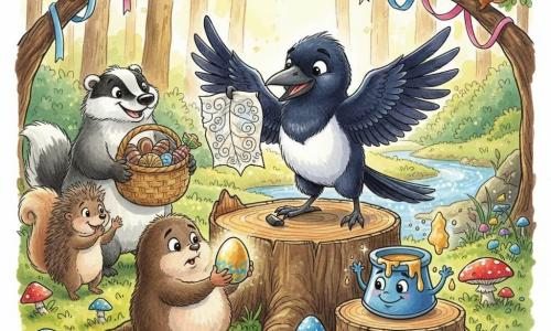 Pip, a young anthropomorphic magpie with glossy black feathers and a milk-white belly, proud warm gaze, wings half-open, sits on a stump holding a birch leaf with an unfinished drawing and a piece of charcoal; beside him a small round furry brown mole, shy and amazed, gently holds a gold-painted stone egg that emits a soft glow; Puddlepot, a blue paint pot with a smiling face and floating gold droplets, sits on a log table and shimmers; background animals include a smiling burly badger with a basket of chocolates, a hedgehog clapping with a ball of twine, and squirrels hanging ribbons; the scene is a mossy wooded clearing with a log table, an arch of pink and blue ribbons, colorful mushrooms, a sparkling stream and golden morning light; it's Easter morning—an egg hunt and 