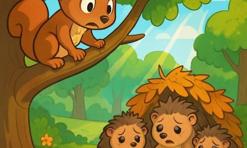 Pip, a small squirrel with sparkling eyes and light brown fur, stands on a branch of a large oak tree, looking down with a worried yet determined expression at a family of hedgehogs. The hedgehogs, with their soft spikes and sad eyes, sit near their home made of leaves and twigs, their little paws clutching an empty basket, looking hungry and desperate. The scene is set in a sunny clearing of Maplewood Forest, surrounded by majestic trees with vibrant green leaves, with rays of sunlight filtering through the branches. Colorful flowers on the ground add a cheerful touch to the atmosphere. The main situation shows Pip, with his front paws on the branch, contemplating how to help the hedgehog family, while the hedgehogs, with expressions of gratitude and need, look up at him, hoping for a gesture of solidarity.