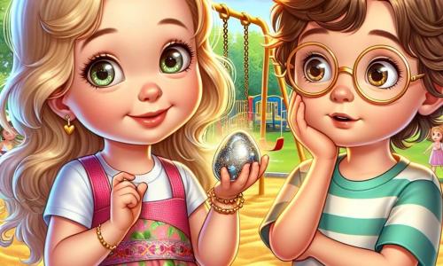 A 4-year-old girl named Lily, with long blonde hair and sparkling eyes, stands in the center of the image, a shy smile on her face, holding a shiny little pebble in her hand. She wears a colorful dress with floral patterns. Next to her is her friend Max, a 4-year-old boy with messy brown hair and round glasses, looking at the pebble with curiosity, arms crossed, displaying a surprised expression. The setting is a beautiful sunny park filled with greenery, with swings and a slide in the background, and a large golden sandbox where other children are playing joyfully. The scene shows Lily and Max talking, with Lily appearing hesitant while Max, intrigued, waits for a response, illustrating the moment when Lily must decide whether to tell the truth about the pebble she found.