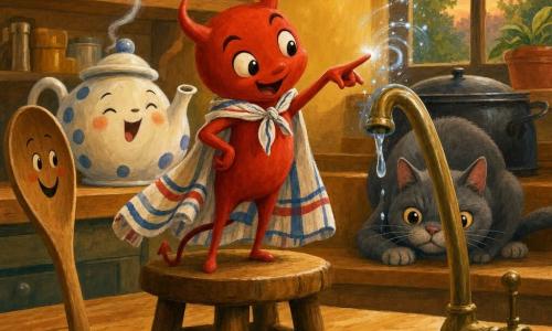 Tizón es un pequeño insecto rojo con cuernitos suaves y cola en gancho, de expresión traviesa y alegre, que, con una capa hecha de un paño a rayas, está de pie sobre un taburete de madera haciendo un gesto de mago mientras toca un grifo; a su izquierda hay una cuchara de madera con una carita pintada como espectadora, detrás de él una tetera blanca con manchas azules silba y echa un pequeño humo, y al fondo aparece un gato gris de ojos curiosos junto a una olla de hierro en una cocina acogedora con encimera de madera clara, paredes ocres, estantes con frascos de colores y una ventana cuadrada que deja entrar una luz suave de atardecer, creando una escena divertida, segura y llena de detalles lúdicos.