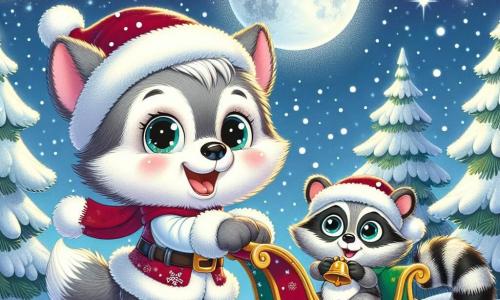 Lucas, un pequeño lobo de pelaje gris y ojos llenos de curiosidad, está alegremente frente a un brillante trineo de Navidad, sonriendo. Está empujando el trineo, rodeado de copos de nieve que caen suavemente. A su lado, Miguel, un pequeño mapache con rayas negras y blancas, observa con ojos desorbitados y emoción, sosteniendo una pequeña campana dorada. El escenario es una colina nevada, con pinos decorados con luces brillantes al fondo. El cielo es de un azul profundo, salpicado de estrellas brillantes, y la luna ilumina la escena con una suave luz plateada. Lucas y Miguel trabajan juntos para despejar el trineo de Santa Claus, cubierto de nieve, simbolizando el espíritu de ayuda y magia navideña.