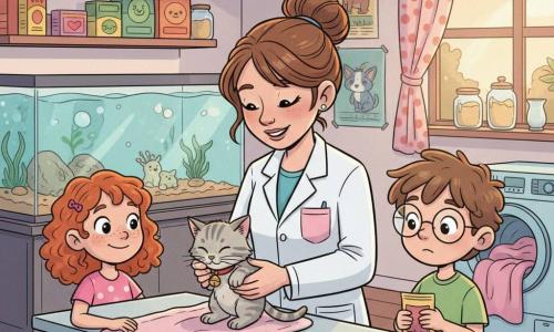 A kind smiling female veterinarian with brown hair in a bun and a white coat with a pink pocket gently examines a small gray tabby kitten named Whiskers on an exam table while an enthusiastic redheaded girl of about eight rests her hand on a clean blanket to the left and a worried-then-relieved brown-haired bespectacled boy holds a small bag of kibble to the right; in the warm afternoon light through a polka-dot curtain, a bright aquarium, animated animal posters, labeled food jars on shelves, and an open washing machine with a pink blanket form a reassuring, cozy clinic scene with visible textures of soft fur, plush fabric, and metal.