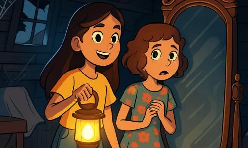 Há 2 personagens principais: - Júlia: uma garota de 12 anos, com longos cabelos castanhos e olhos cheios de curiosidade. Ela usa uma camiseta amarela e um short jeans, segurando uma lanterna acesa na mão direita. - Mariana: uma garota de 12 anos, com cabelos curtos e cacheados, de cor castanho claro. Ela tem olhos verdes e usa um vestido florido. Ela está ao lado de Júlia, olhando com apreensão para a porta do velho sótão. O cenário se passa em um velho sótão escuro e empoeirado, cheio de teias de aranha e móveis cobertos com lençóis brancos. Raios de luz filtram através de janelas quebradas, iluminando sombras inquietantes nas paredes de madeira. Um grande espelho antigo, com moldura de madeira esculpida, está no centro, refletindo uma luz misteriosa. A situação principal da história mostra Júlia e Mariana, paradas em frente ao espelho, com os rostos expressando curiosidade e apreensão. O espelho parece vibrar levemente, projetando sombras estranhas ao redor delas, enquanto se preparam para descobrir os segredos ocultos da casa.