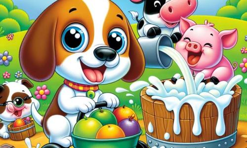 Um pequeno cachorro beagle chamado Bolinha, com grandes orelhas caídas e pelagem marrom e branca, está no centro da imagem, com os olhos brilhando de excitação e um sorriso no rosto, puxando uma grande roda de carro cheia de frutas e leite para sua máquina de sorvete. Ao lado dele, Margarita, uma vaca vermelha e branca, está alegremente, com manchas de chocolate no focinho, despejando leite em um grande balde. Um pouco mais adiante, Pipo, um porquinho rosa, está sentado na lama, rindo alto, com respingos de sorvete colorido em suas costas. A cena acontece em um campo verdejante, sob um céu azul brilhante, com flores coloridas e árvores ao fundo, onde o ar está cheio do cheiro doce das frutas. No primeiro plano, Bolinha e seus amigos estão preparando sua máquina de sorvete, cercados de risadas e alegria, prontos para criar o melhor sorvete da fazenda.