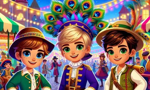 Trei băieți, Alex, Radu și Mihai, stau în centrul unei piețe animate, înconjurați de culori vii și decorațiuni de carnaval. Alex, un băiat de 10 ani cu părul brun și ochi strălucitori, poartă un costum colorat de Moș Crăciun cu pene de păun care strălucesc în soare. În dreapta sa, Radu, un alt băiat de 10 ani cu părul blond și un zâmbet jucăuș, este îmbrăcat într-un costum de pirat cu o pălărie cu pene și un sabie din lemn. În stânga, Mihai, un băiat de 9 ani cu părul castaniu și ochelari rotunzi, este deghizat în explorator, purtând o jachetă kaki și o pălărie de safari. Scena se desfășoară pe piața centrală a unui sat însorit, unde ghirlandele de lumini strălucitoare sunt suspendate între copaci, iar standurile colorate oferă dulciuri și jocuri. Oamenii dansează și râd în jurul lor, creând o atmosferă festivă și veselă. Cei trei prieteni, încântați de magia carnavalului, se pregătesc să defileze împreună, costumele lor strălucitoare atrăgând toate privirile. Ei schimbă râsete și încurajări, gata să trăiască o aventură de neuitat în inima acestei sărbători colorate.