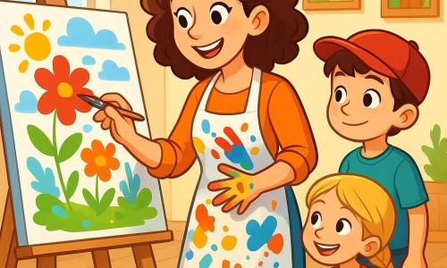Clara, eine künstlerische Frau mit lockigem kastanienbraunem Haar, lächelnd und voller Freude, malt auf einer großen Leinwand. Sie trägt eine mit lebhaften Farben bespritzte Schürze und hält einen Pinsel in ihrer rechten Hand, während ihre linke Hand mit Farbe bedeckt ist. Ein kleiner Junge, etwa 7 Jahre alt, mit einer roten Mütze und neugierigen Augen, steht neben ihr und beobachtet aufmerksam jeden Pinselstrich. Ein kleines Mädchen, etwa 6 Jahre alt, mit geflochtenem blonden Haar, hockt auf dem Boden und mischt Farben auf einer Palette mit einem breiten Lächeln im Gesicht. Claras Atelier ist hell und einladend, mit offenen Fenstern, die Sonnenlicht hereinlassen. Die Wände sind mit bunten Bildern von Landschaften und Tieren geschmückt, und der Boden ist mit Farbtöpfen und Pinseln übersät. Die Hauptsituation zeigt Clara und die Kinder, die gemeinsam ein fröhliches Kunstwerk schaffen, gefüllt mit leuchtenden Blumen und fluffigen Wolken, das die Magie von Kunst und Vorstellungskraft illustriert.
