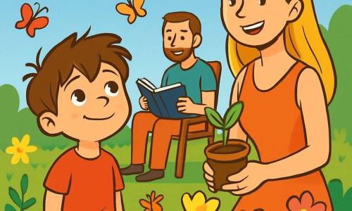 Um menino de 6 anos, Lucas, com cabelos castanhos bagunçados e olhos brilhantes de curiosidade, está em um jardim ensolarado, cercado por flores coloridas. Ele tem um sorriso tímido, mas determinado, e olha para o céu com uma expressão de esperança. Ao seu lado, sua mãe, uma mulher na casa dos trinta anos com cabelos longos e loiros, usa um vestido leve e sorri calorosamente, segurando uma pequena planta que acabou de replantar. Um pouco mais longe, seu pai, um homem na casa dos trinta anos com cabelos curtos e uma barba leve, está sentado em uma cadeira de jardim, lendo um livro, com um olhar suave e atencioso. O jardim está cheio de flores vibrantes, borboletas voando e um céu azul radiante, criando uma atmosfera alegre e pacífica. A cena principal mostra Lucas e sua mãe jardineiro juntos, simbolizando o apoio e o amor familiar, enquanto seu pai os observa com um sorriso carinhoso.