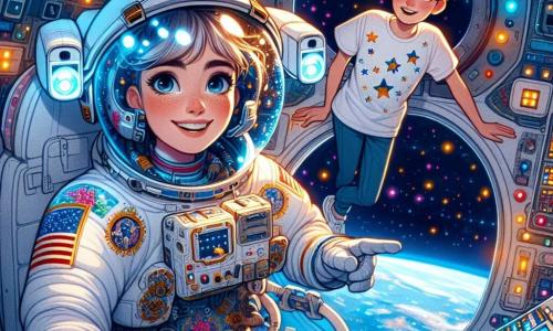 En el centro de la imagen, una mujer astronauta, Valeria, flota en la cápsula espacial. Lleva un traje espacial blanco con detalles coloridos y un casco transparente que muestra su rostro sonriente y asombrado. Sus ojos brillan de emoción mientras mira por la ventanilla, descubriendo la belleza de la Tierra abajo. Al fondo, un joven llamado Lucas, de unos 12 años, está de pie, con los ojos abiertos de admiración. Tiene el cabello castaño desordenado y lleva una camiseta con motivos de estrellas. Se inclina hacia adelante, con las manos en el panel de control, intentando entender los botones y pantallas que parpadean a su alrededor. La cápsula está rodeada de un vasto cielo estrellado, con planetas coloridos y nebulosas brillantes, creando una atmósfera mágica e inspiradora. Las paredes de la cápsula están llenas de pantallas que muestran datos científicos e imágenes de la Tierra. La escena principal muestra a Valeria y Lucas compartiendo un momento de asombro, con Valeria explicando a Lucas las maravillas del espacio mientras flotan juntos en esta aventura intergaláctica.