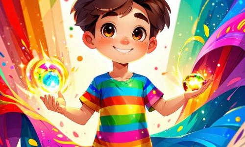 Ein 10-jähriger Junge namens Felix mit zerzausten braunen Haaren und neugierigen Augen steht im Mittelpunkt des Bildes und lächelt breit. Er trägt ein bunt gestreiftes T-Shirt und Shorts und hält ein leuchtendes Amulett in seiner Hand. Neben ihm tanzt ein großer, bunter Schal mit Regenbogenmustern um Felix herum. Im Hintergrund sitzt eine weise, majestätische Eule namens Hooty mit großen runden Augen und braunen Federn auf einem Ast und beobachtet die Szene amüsiert. Die Szene spielt in einem wunderschönen verwunschenen Garten voller bunter Blumen, großer knorriger Bäume und einem strahlend blauen Himmel, unter dem ein Regenbogen leuchtet. In der Ferne ist ein malerisches kleines Dorf zu sehen. Felix und der Schal lachen zusammen, während ein riesiger Schokoladenkeks, so groß wie ein Auto, fröhlich durch den Garten rollt und bei Felix Überraschung und Freude auslöst, der sich bereit macht, ihm nachzujagen.