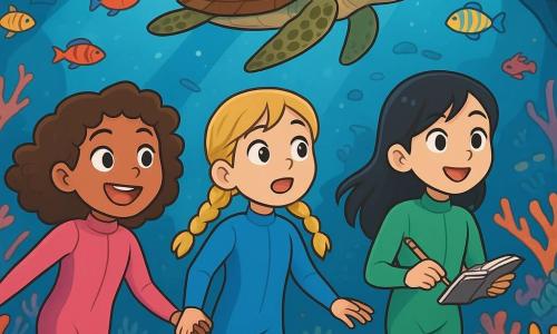 There are three characters: Maya, a 9-year-old girl with curly brown hair wearing a pink wetsuit, full of energy and smiling widely while holding her friends' hands; Sora, a 9-year-old girl with braided blonde hair in a blue wetsuit, looking around curiously, amazed by the underwater world; and Isla, a 9-year-old girl with smooth black hair dressed in a green wetsuit, holding a small notebook and pencil, ready to draw the wonders they discover. The three girls are swimming together in a vast underwater cave, surrounded by colorful corals and multicolored fish dancing around them. Light filters through the water, creating sparkling reflections on the cave walls, while starfish and anemones sway gently with the currents. The main scene shows the girls discovering a beautiful coral reef, enchanted by the beauty of the marine creatures around them, while a majestic turtle swims slowly nearby, adding a touch of magic to their underwater adventure.