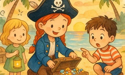 Una donna pirata coraggiosa, Lucia, inginocchiata e sorridente ad aprire una vecchia scatola di legno con ferrature arrugginite; un ragazzo di circa 8 anni, capelli bruni scompigliati e maglietta a righe rosse e bianche, accucciato a destra che indica la scatola con gli occhi spalancati; una bambina di circa 6 anni, riccioli biondi e vestito verde, a sinistra in piedi vicino a un grande baule chiuso che tiene una piccola lanterna gialla accesa; piccola isola tropicale al tramonto con sabbia dorata, palme inclinate, conchiglie colorate, erba verde e mare calmo dai riflessi arancio e rosa; momento gioioso della scoperta del tesoro sotto un grande albero: scatola aperta piena di piccoli giocattoli brillanti e perline colorate, volti illuminati, atmosfera calda e sicura, colori morbidi, contorni arrotondati, texture acquerello e decorazioni marittime stilizzate (stelle marine, ancore, onde).