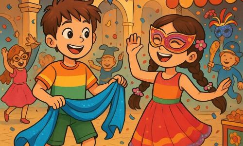 Un niño de 10 años, con el cabello castaño despeinado y ojos llenos de curiosidad, se encuentra en el centro de la escena, sonriendo con asombro. Lleva una camiseta colorida, pantalones cortos y zapatillas desgastadas, sosteniendo una hermosa cinta de tela azul brillante en sus manos. A su lado, una niña de 9 años, con largas trenzas adornadas con flores de papel, baila alegremente, sus ojos brillando de alegría, vestida con un vestido colorido y una máscara de carnaval brillante. En el fondo, un grupo de niños de diferentes edades, todos vestidos con trajes festivos, se divierten haciendo movimientos de baile y lanzando confeti al aire. La escena tiene lugar en una plaza animada, rodeada de arcos antiguos, donde guirnaldas de papel colorido flotan al viento y faroles iluminan la atmósfera festiva. El suelo está pavimentado con losas brillantes, y puestos decorados con máscaras y dulces añaden un toque de magia. El niño y la niña, en medio de esta efervescencia, bailan juntos, la cinta de tela elevándose en el aire como una ola de color, mientras risas y música llenan el aire, creando un ambiente alegre y festivo.