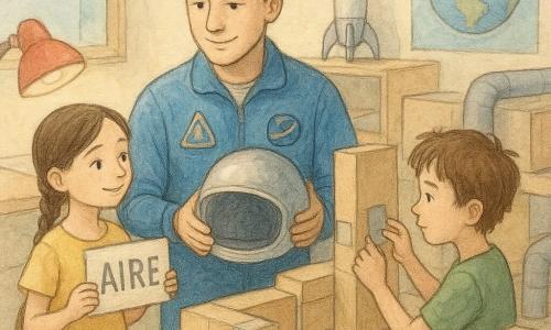 Un hombre — Mateo, unos treinta, rostro amable y sonriente, pelo corto castaño — con mono azul con parches ajusta un casco plateado entre las manos, postura calmada; una niña de ~9 años, trenza larga castaña y vestido amarillo, sonríe mirando y sostiene una tarjeta “Aire” a la izquierda de Mateo; un niño de ~8 años, pelo despeinado y camiseta verde, concentrado pero tranquilo, refuerza una pared de cartón con cinta a la derecha de Mateo; escenario: sala de actividades de un centro espacial con mesas bajas, módulos y túneles de cartón pintados, maqueta de cohete plateado y pósters de la Tierra; escena de reparación colectiva de un módulo de estación en cartón guiada por Mateo, ambiente cálido y pedagógico; paleta suave (azules, amarillos, marrones claros), texturas de lápiz y papel con acuarela para sombras; plano medio en ligera picada, luz cálida de una lámpara roja auxiliar y ventana suave al fondo.