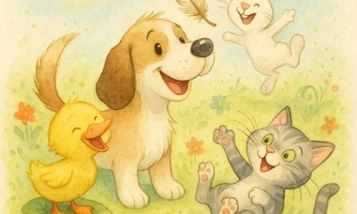 Un cane di nome Poldo, allegro e birichino, pelo beige e bianco, muso rotondo e orecchie lunghe, con la coda alzata guarda una piccola piuma sul naso, occhi sgranati e sorriso; una anatra gialla, Lalla, piume soffici, in piedi su una grande foglia a sinistra ride inclinando la testa; un gatto grigio, Tito, dal pelo striato e occhi verdi, è sdraiato a destra e gioca muovendo le zampe verso la piuma; un coniglio bianco, Bibo, con lunghe orecchie rosa, salta indietro ridendo; sfondo: prato verde con fiori colorati, un piccolo secchio d'acqua e cielo azzurro con sole giallo; la piuma svolazza tra gli amici in un gioco collettivo, atmosfera di amicizia e gioia, colori pastello e effetto acquerello.