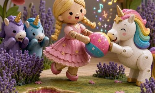 Una princesa sonriente y maravillada, de trenzas rubias brillantes y vestido rosa con volantes y pequeñas estrellas bordadas, sostiene una pelota colorida y salta ligeramente; a su derecha, una unicornio llamada Estrellita, blanca con crin arcoíris y una estrella en la frente, ríe y empuja la pelota con el hocico; a la izquierda, dos unicornio tímidas más pequeñas, una violeta y una azul, se esconden detrás de un arbusto de lavanda con ojos risueños y patas levantadas; el decorado es un jardín encantado sobre una mesa de madera clara con césped verde texturado, arbustos de lavanda, un charco brillante de gelatina arcoíris y flores gigantes de papel; la escena muestra a la princesa y los unicornios creando una nueva pelota mágica hecha de risas, con pequeñas notas musicales y chispas de colores elevándose de la pelota; estilo: diorama de juguetes de madera, texturas mates, colores vivos y contrastados, luces suaves, composición centrada y fácilmente legible para un niño de 4 años.