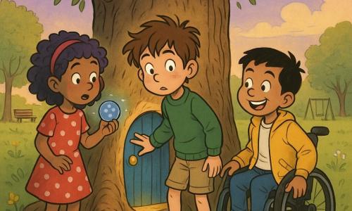 Hay tres niños: Nico, unos 9 años, pelo castaño alborotado, ojos curiosos, con suéter verde y pantalón corto beige, en el centro con la mano sobre una pequeña puerta redonda azul incrustada en el tronco de un viejo roble; Lila, unos 9 años, cabello rizado violeta con diadema, vestido rojo con lunares blancos y una pequeña bolsa de canicas, a la izquierda de Nico, inclinada y sosteniendo una canica brillante que refleja una mini-constelación; Tomás, unos 9 años, en silla de ruedas, pelo negro corto, chaqueta amarilla y amplia sonrisa, a la derecha de Nico con la mano en la rueda listo para avanzar. Escena: parque vespertino transformado en decorado mágico con césped y flores, un cielo ligeramente violeta con nubes suaves, una luz dorada emanando de la rendija de la puerta y hojas que susurran; fondo con siluetas difusas de banco y columpio. Los tres miran la puerta con asombro y determinación, composición centrada, colores vivos y estilo cómic europeo con contornos negros y sombras suaves.