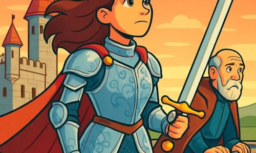 A knightess, Lady Elenora, stands proudly on the ramparts of her castle, her long chestnut hair flowing in the wind. She wears shining armor adorned with floral patterns, and her face reflects determination and bravery. In her hand, she holds a gleaming sword, ready to defend her kingdom. Beside her, Lord Cedric, an elderly man around 70 with a gray beard and time-worn wrinkles, gazes at the horizon with a concerned expression. He wears a simple tunic and a velvet cloak, standing slightly back, supported by a stone railing. The scene is set in a majestic medieval castle with high stone walls, tall towers, and colorful banners fluttering at the top. The sky is tinged with shades of orange and pink, signaling dusk, while the lush landscape stretches as far as the eye can see. The main focus shows Lady Elenora scanning the horizon, determined to protect her kingdom from imminent dangers, while Lord Cedric conveys crucial information about the approaching enemy.