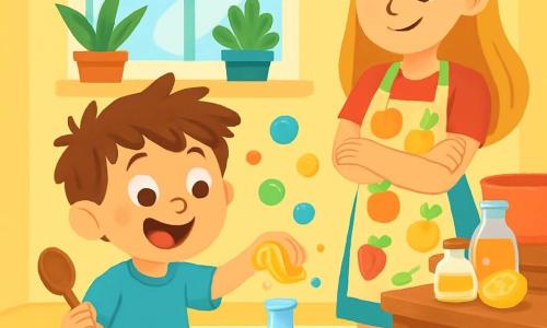 Um garoto de 4 anos, Léo, com cabelos castanhos bagunçados e olhos brilhantes de travessura, está sentado no chão, cercado por pequenos frascos coloridos. Ele tem um grande sorriso alegre e bochechas rosadas, segurando uma colher de madeira em uma mão, enquanto a outra mão aperta um limão, fazendo algumas gotas saírem. Ao lado dele, sua mãe, uma mulher de cerca de 30 anos, com cabelos longos e loiros, sorri ternamente, de braços cruzados, observando seu filho com orgulho. Ela usa um avental colorido com estampas de frutas, perto de uma mesa de madeira onde estão dispostos vários ingredientes. A cena acontece em uma cozinha iluminada e acolhedora, com paredes pintadas de amarelo pastel e janelas que deixam entrar a luz do sol. Plantas em vasos estão dispostas na janela, e um bonito tapete colorido está estendido no chão. Léo está criando uma poção mágica, misturando ingredientes em um pequeno frasco, enquanto bolhas coloridas escapam e dançam no ar, criando uma atmosfera alegre e lúdica.