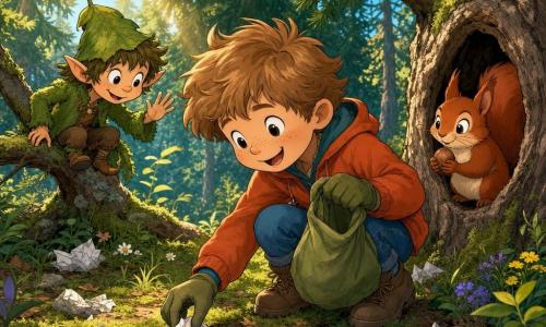 Un bambino di 6 anni dal viso rotondo e lentigginoso, capelli castano chiaro spettinati, sguardo gioioso e sorriso; è accovacciato a raccogliere un biglietto di carta con una mano guantata e tiene una borsa di stoffa verde nell'altra; un piccolo folletto della foresta (creatura non umana) su un ramo basso con cappello di foglie e giacca verde muschio, occhi maliziosi, lo incoraggia; uno scoiattolo rosso dagli occhi vivaci tiene una nocciola e osserva da un tronco cavo a destra; tre uccelli colorati su un ramo sopra cantano e guardano, piume blu, gialle e rosse; luogo: radura in una foresta di conifere con foglie e muschio a terra, raggi di sole dorati, fiori selvatici e alcune cartacce accartocciate; situazione: momento ottimistico in cui il bambino raccoglie rifiuti per pulire la radura, circondato dal folletto e dagli animali che lo ringraziano, composizione calda, colori vivaci, tratti nitidi ed espressioni leggibili.