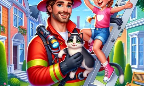 Ein Feuerwehrmann, ein Mann in den Dreißigern mit braunen Haaren und einem gepflegten Bart, trägt eine leuchtend rote Uniform und einen glänzenden Helm. Er hat ein warmes Lächeln im Gesicht, das seine Entschlossenheit und Begeisterung zeigt, während er von einer Leiter mit einer Katze in den Armen heruntersteigt. Neben ihm springt ein etwa 10-jähriges Mädchen mit langen, geflochtenen blonden Haaren und funkelnden Augen vor Freude in die Höhe, die Arme zum Sieg erhoben, und schaut mit einem großen Lächeln auf ihre Katze. Die Szene spielt sich vor einem bunten Stadthaus ab, mit Blumen im Garten und einem blauen Himmel, der mit weißen Wolken durchzogen ist. Das Haus ist von grünen Bäumen umgeben, und eine kleine gepflasterte Straße führt zur Eingangstür. Die Hauptsituation zeigt den Feuerwehrmann, der gerade die Katze aus einem Baum gerettet hat, während das Mädchen ihre Freude und Dankbarkeit ausdrückt, was eine Atmosphäre von Glück und Freundschaft schafft.