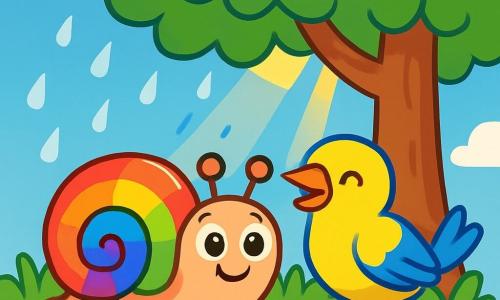 Eine kleine Schnecke namens Max, mit einer glänzenden, regenbogenfarbenen Schale, versteckt sich unter einem großen Baum. Seine Augen sind groß und neugierig, und er wirkt erleichtert und fröhlich. Neben ihm schaut ein Vogel mit gelben und blauen Federn, der freundlich lächelt, wohlwollend auf Max. Der Boden ist mit frischem, grünem Gras und bunten kleinen Blumen bedeckt. Darüber ist ein hellblauer Himmel mit einigen weißen Wolken, und ein Sonnenstrahl bricht durch die Blätter des Baumes. Max versteckt sich unter dem Baum, um dem Regen zu entkommen, während der Vogel fröhlich singt und eine warme, freundliche Atmosphäre schafft.