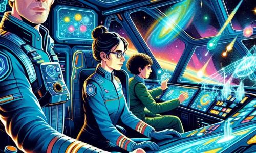 Um homem, o comandante Dário Vasques, está de pé na cabine da nave Aurora, com um olhar determinado e maravilhado. Ele tem cabelos castanhos ligeiramente desgrenhados, olhos vivos e um uniforme espacial azul com detalhes prateados, segurando um painel de controle luminoso. Ao seu lado, uma mulher, Luana, engenheira-chefe de cerca de 30 anos, com cabelos negros em coque e óculos, ajusta botões em um painel, exibindo uma expressão concentrada. Um jovem, Malik, astrofísico de 25 anos, com cabelos cacheados e um traje espacial verde, examina hologramas flutuantes, com os olhos brilhando de excitação. A cabine está cheia de luzes cintilantes e telas holográficas mostrando mapas estelares e dados. Do lado de fora, uma vista espetacular do espaço, com estrelas cintilantes e uma nebulosa colorida ao fundo, envolve a nave em uma atmosfera de mistério. A situação principal mostra Dário e sua equipe navegando em direção a uma estação espacial misteriosa, cercada por nuvens de poeira cósmica, enquanto se preparam para um contato histórico com uma civilização extraterrestre.