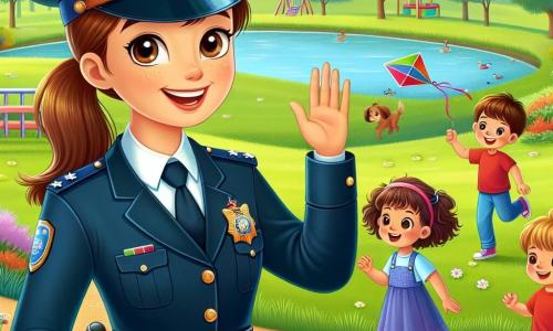 Eine junge Polizistin, Paula, lächelt und strahlt Energie aus. Sie trägt eine glänzende marineblaue Uniform mit einer Mütze. Ihre braunen Haare sind zu einem Pferdeschwanz gebunden und ihre Augen funkeln vor Freude. Sie steht im Zentrum des Parks und winkt den Kindern zu. Um sie herum spielen mehrere Kinder im Alter von 6 bis 8 Jahren fröhlich. Ein Junge mit blonden Haaren in einem roten T-Shirt läuft mit einem bunten Drachen. Ein Mädchen mit lockigem Haar in einem rosa Kleid nähert sich Paula mit einem großen Lächeln, neugierig auf ihren Beruf. Der Park ist grün mit majestätischen Bäumen, leuchtenden Blumen und einem Kiesweg, der sich zwischen den Spielplätzen schlängelt. In der Ferne sieht man einen kleinen See, in dem Enten friedlich schwimmen. Paula erklärt den Kindern begeistert und freundlich, was eine Polizistin macht, während sie aufmerksam ihren Geschichten lauschen.