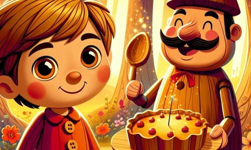 Pinocchio, un băiat tânăr din lemn cu ochi strălucitori și un zâmbet radiant, stă în centrul scenei, cu brațele deschise, plin de bucurie și uimire. Pielea lui este netedă și brună, iar părul este din paie aurii, purtând o cămașă roșie cu nasturi din lemn. Lângă el, Gepo, un bărbat jovial de aproximativ 30 de ani, cu o mustață mare și o pălărie în formă de con, zâmbește ținând o lingură mare din lemn, pregătit să servească o felie din prăjitura magică. În fundal, se întinde o pădure fermecată, cu copaci cu trunchiuri răsucite și frunze multicolore, în timp ce flori cântă vesel în jurul lor. Scena emană o atmosferă de magie și fericire, în timp ce Pinocchio și Gepo se pregătesc să împărtășească creația lor delicioasă, înconjurați de lumina aurie a soarelui filtrând prin crengi.