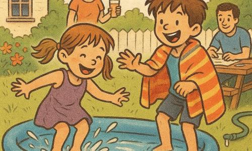 Six-year-old Mila, smiling and joyful, light brown hair in two wet pigtails, wearing a light purple dress, cautiously jumps into a small blue inflatable pool making a small splash; her six-year-old twin brother Max, tousled brown hair, wearing a striped cape-towel over his shoulders, laughs and reaches toward her from the pool edge in a playful, heroic pose. The mother (about 30–35) stands on the terrace near a wooden picnic table holding a glass of lemonade with a tender look and soft smile. The father (about 30–35) sits at the table with a large sheet of paper and crayons, amused, with a little water on his knees. Bright garden with green lawn, colorful border flowers, a house with a white picket fence and a dripping hose in the background. Main scene: joyful, shared moment—twins make a synchronized small splash, sparkling droplets, crumpled striped towels, soggy drawings floating, whole family smiling. Graphic style: ink-and-paper textures, warm slightly faded colors, soft lines and slightly grainy contours like a newspaper print, composition centered on the pool and children.