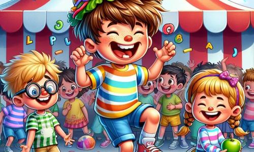 An 8-year-old boy, Maxwell, with messy brown hair and a big mischievous smile, stands at the center of the image, wearing a colorful striped t-shirt and blue shorts. He is singing the alphabet backward while hopping on one foot, with a sandwich-shaped hat on his head, making him look very funny and joyful. Next to him, an 8-year-old girl, Lily, with braided blonde hair and round glasses, is laughing heartily while trying to juggle apples, her hands full of colorful confetti. In the background, a large red and white striped party tent is decorated with multicolored balloons, and children are having fun around, some participating in other challenges. The scene takes place at the Spring Fair, with game stalls and laughter in the air. Maxwell, in a comical pose, is at the center of the action, defying the laws of gravity and logic with his hilarious performance.