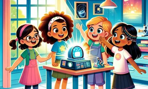 Vier meisjes van negen jaar staan in een lichte, kleurrijke kamer. Lotte, met krullend bruin haar en een blauwe t-shirt, staat in het midden, glimlachend en wijst naar een glanzend apparaat op de tafel. Links van haar kijkt Emma, een blond meisje met een bril, met grote ogen vol opwinding naar het apparaat. Rechts springt Sophie, met rood haar en een roze jurk, van blijdschap met haar armen omhoog. Ten slotte observeert Noor, met zwart gevlochten haar en een groene t-shirt, het apparaat aandachtig met haar handen op haar heupen. De kamer is gevuld met wetenschappelijke gadgets, open boeken en ruimteposters aan de muren. Een groot raam laat zonlicht binnen, wat de vrolijke sfeer verlicht. De meisjes ontdekken een tijdmachine, klaar voor een ongelooflijk avontuur door de tijd, terwijl ze rondom het apparaat staan, vol ongeduld en nieuwsgierigheid.