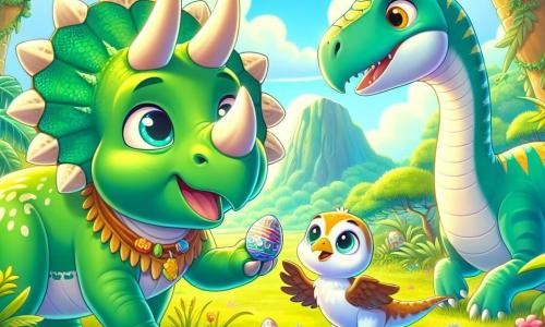Ein Triceratops namens Trixi, mit leuchtend grüner Haut und drei majestätischen Hörnern, steht im Mittelpunkt der Szene, die Augen vor Aufregung leuchtend und ein breites Lächeln im Gesicht. Neben ihr beobachtet ein schneller Velociraptor namens Rudi, mit bunten Federn und einem neugierigen Blick, aufmerksam ein Ei, das im Gebüsch verloren ist. Ein sanfter Brachiosaurus namens Bella, mit langem Hals und pastellblauer Haut, beugt sich, um Trixi beim Anheben des Eis zu helfen, und zeigt ein mitfühlendes Gesicht. 

Die Kulisse ist ein üppiger Dschungel, gefüllt mit riesigen Bäumen mit grünen und goldenen Blättern, leuchtenden Blumen und hängenden Lianen, die eine magische Atmosphäre schaffen. Im Hintergrund vermischt sich ein hellblauer Himmel mit fluffigen weißen Wolken. 

Die Hauptsituation zeigt Trixi, Rudi und Bella, die ein verlorenes Dinosaurierei entdecken, bereit, einem kleinen Wesen in Not zu helfen, während sie einen Moment der Freundschaft und Abenteuer im Herzen des Dschungels teilen.